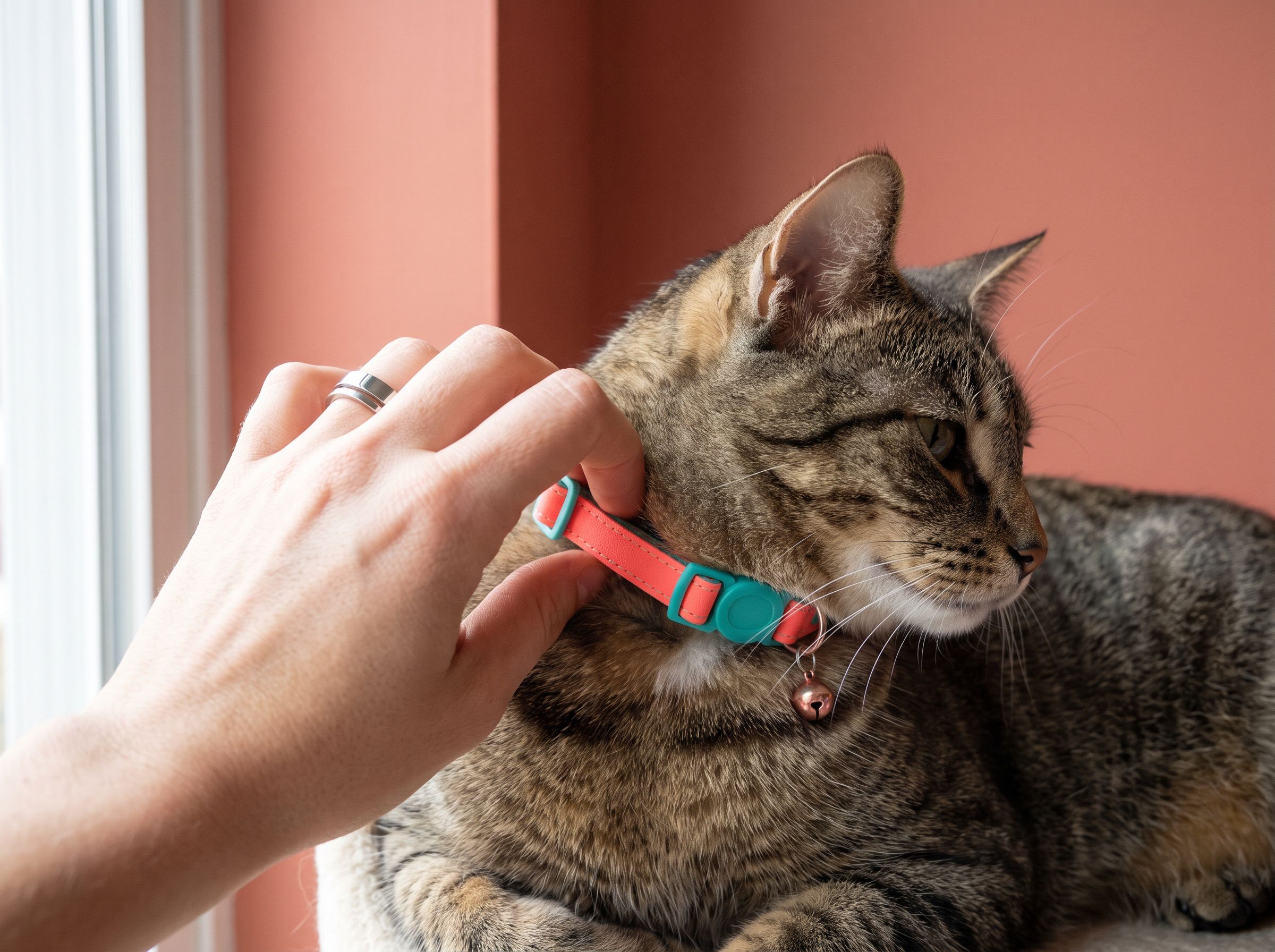 Main ajustant un collier autour du cou d'un chat